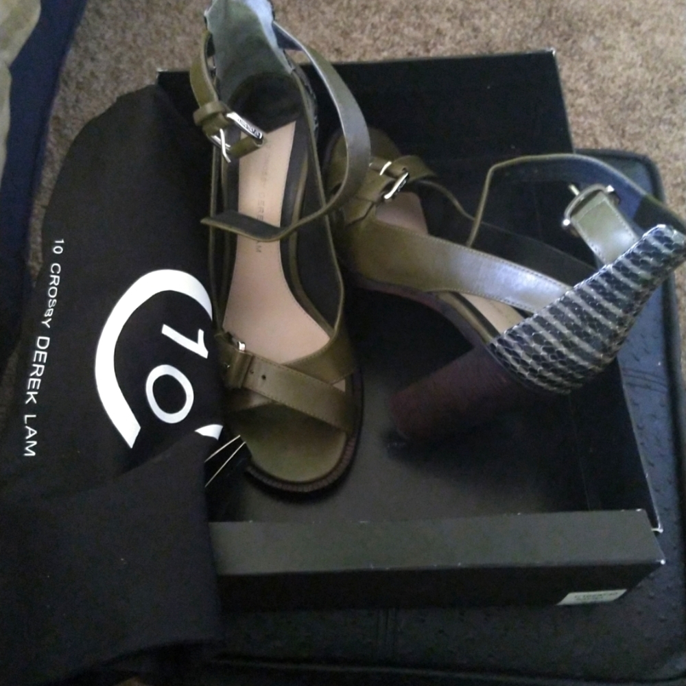10 Crosby Derek Lam, Army green  with striped snake print sandals, size 8